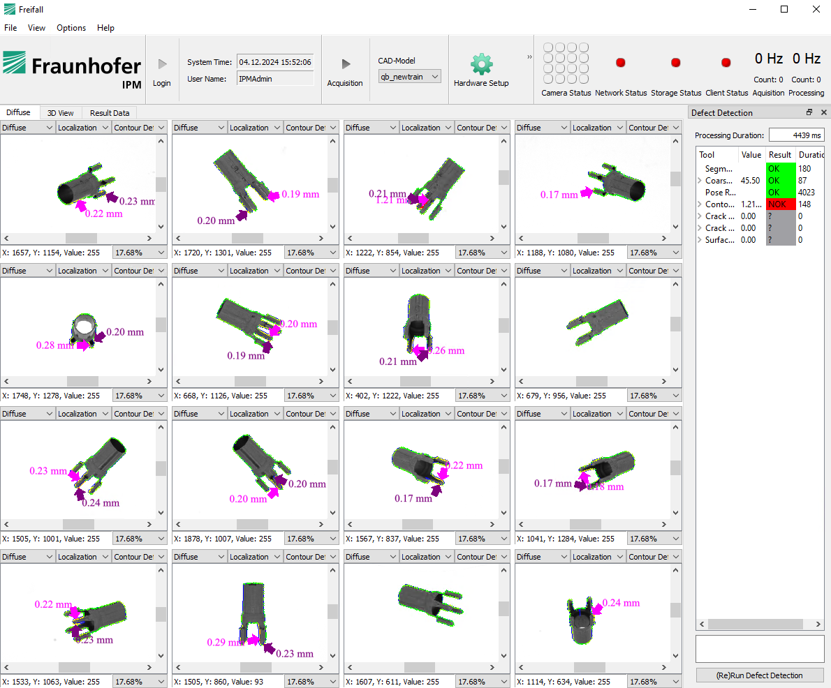 Free-fall inspection of stamped parts, user interface